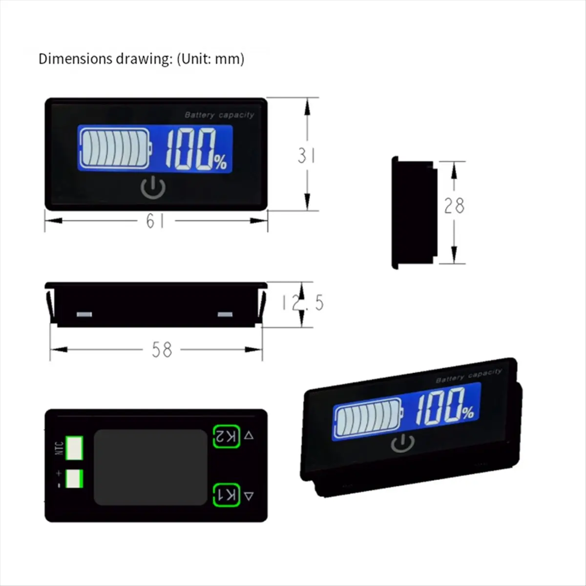 

Stable- DC 8-100V Li-Ion Lifepo4 Lead Acid Battery Capacity Indicator Digital Voltmeter Tester Temperature Monitor 12V 24V 48V