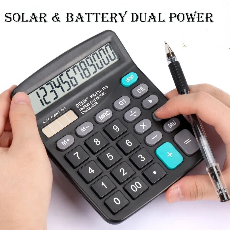 12-Digit Large LCD Display Calculator Standard Function Calculator with Solar & Battery Dual Power for Home Basic Desktop Office