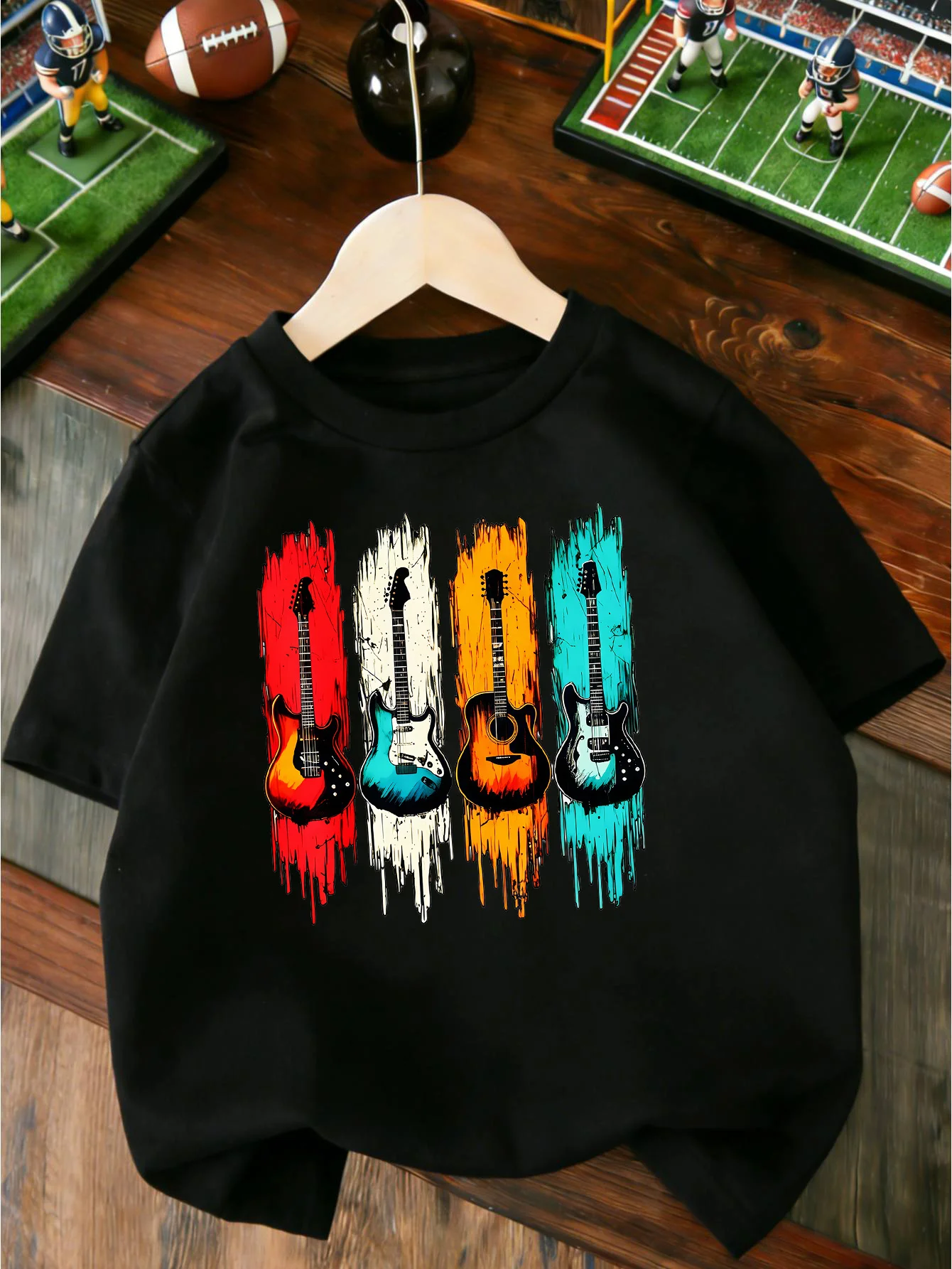 Vintage Colorful Four Guitars Music Art Print T Shirt Boys Girls Lovely Short Sleeve Tee Family Matching Kids Cotton Tops