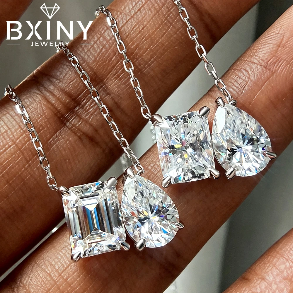 BXINY 2-Stone Moissanite Pendant Necklace S925 Silver WateDrop Radiand/Emerald Diamonds Dainty Chains for Women Daily Wear Gifts