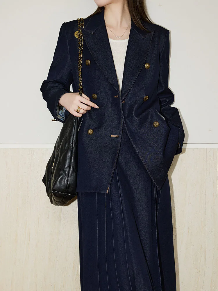 

BJTZ Women Vintage Twill Two Piece Set Double Breasted Blazer Jacket Draped Long Skirt Elegant Office Commute Wear