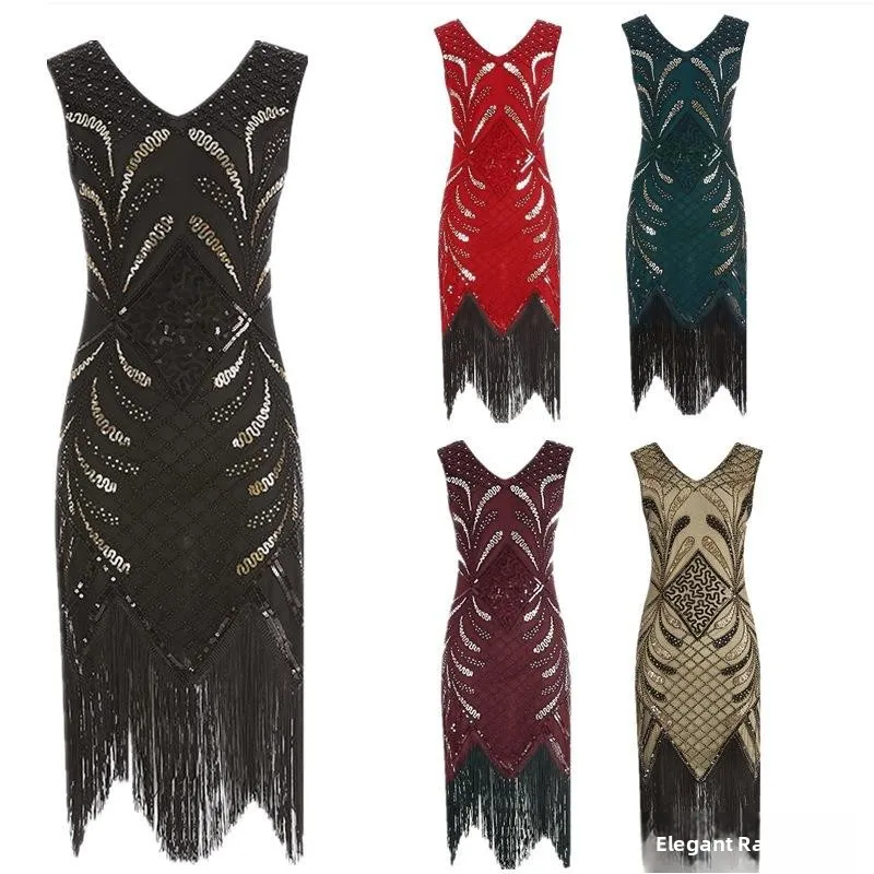 

Вечернее платье с кисточками в стиле ретро, V-Ne Svel, трансграничная юбка 920S iny с блестками, длинное вечернее платье