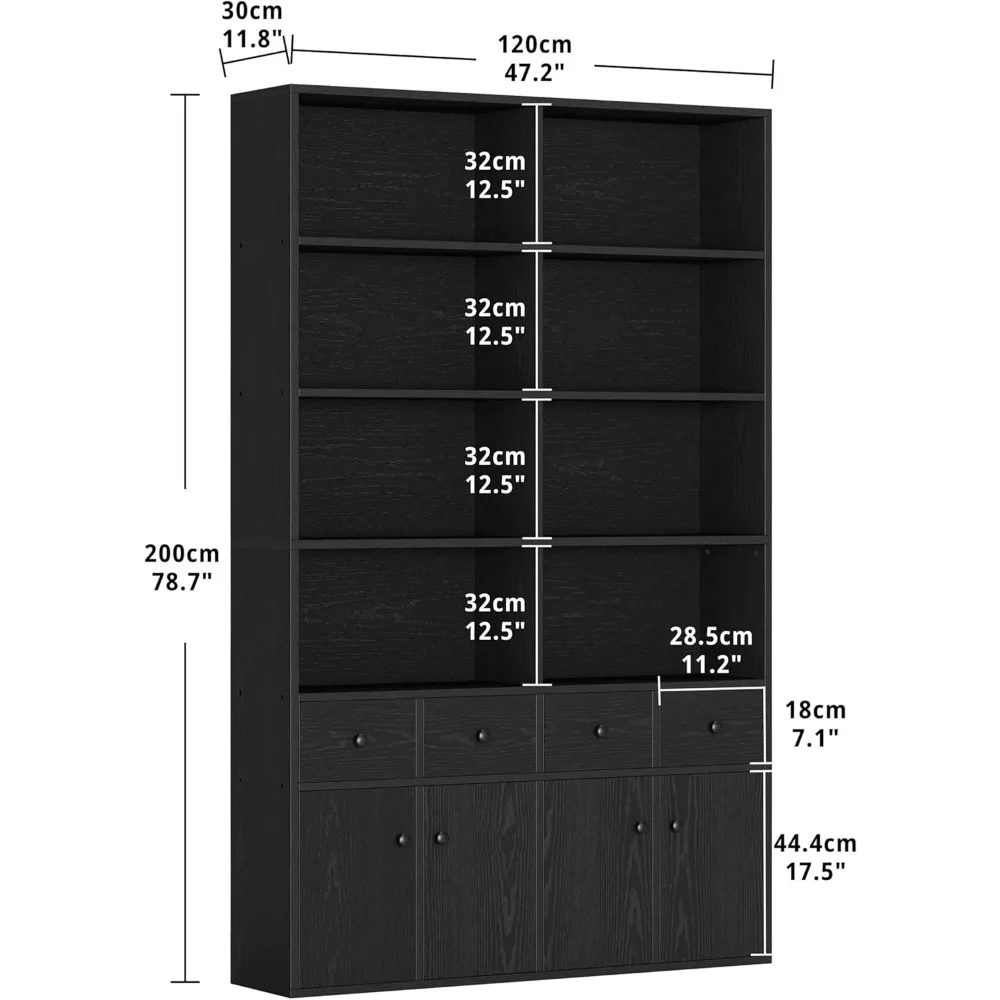 78.7Bookcase with 4 Drawers and 4 Doors,6 Tier Large Bookshelf with Storage,Floor Standing Display Storage Shelves,Tall Storage