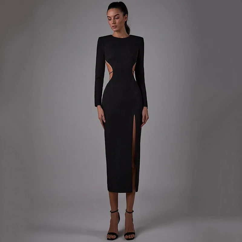 2024 Sexy manica lunga Slim Midi Cut Out Club abito da sera Backless abito nero per le donne eleganti abiti da festa primavera autunno