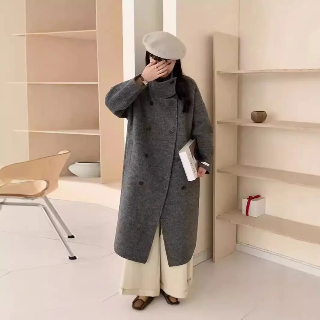 SuperAen Autumn and Winter 2025 New Stand-up Collar Double-sided Cashmere Coat Women Loose Woolen Casual Coat