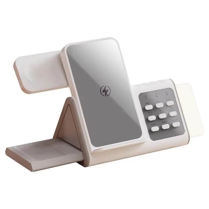 

With removable lamp, sound speaker, adjustable watch dock, telephone, earplugs, wireless charging station