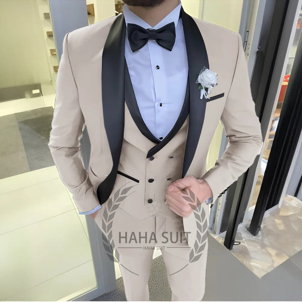 Men's Suit Tailored Tuxed 3-Piece Glossy  Wedding Suit Full Set