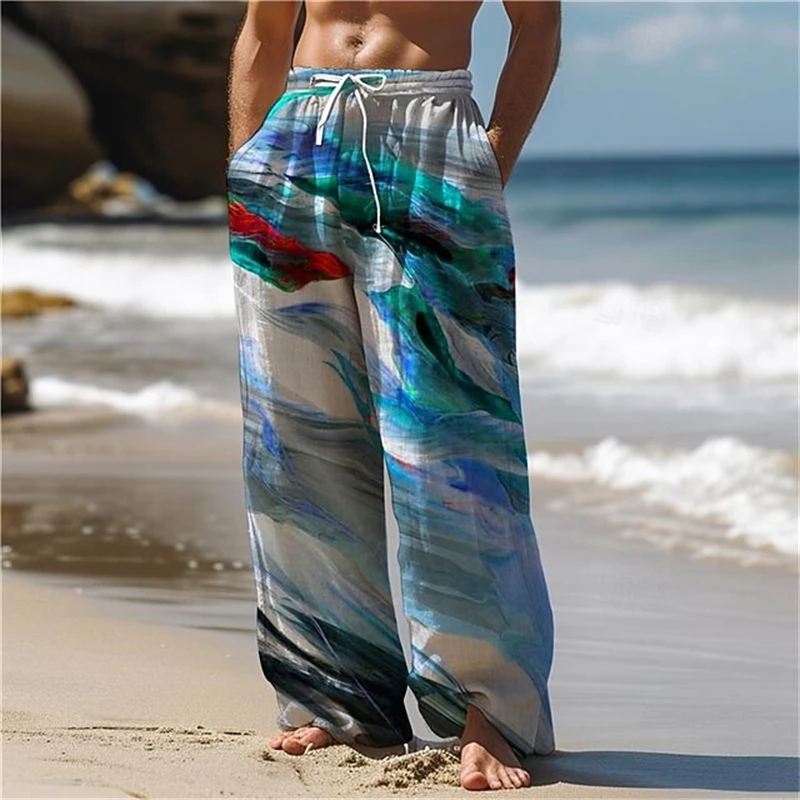 Men's Spring Summer Marble-Print Drawstring Pants Casual Loose-Fit Wide-Leg Pants with Elastic Waistband and Drawstring Design
