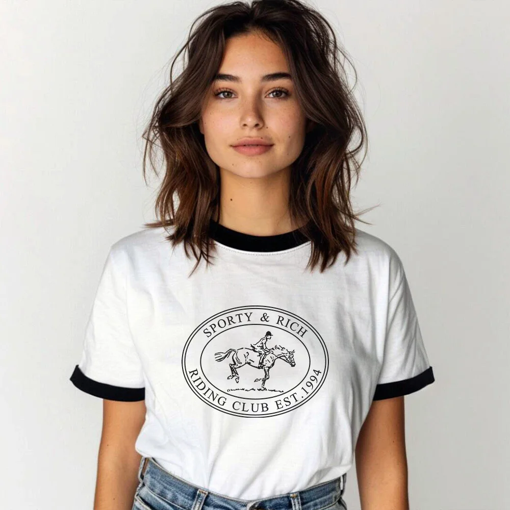 Camisetas gráficas de estilo Vintage americano para Club de equitación, camisetas holgadas de algodón de manga corta para mujer, camisetas informales de moda Ins de los años 90