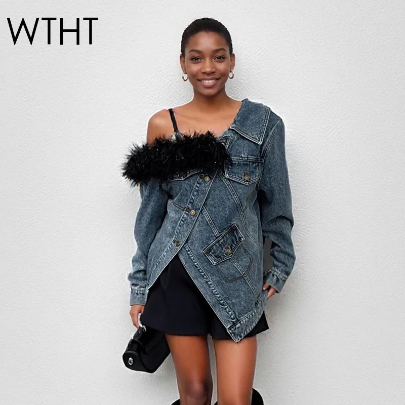 

WTHT новая модная женская нерегулярная джинсовая куртка с открытыми плечами и плюшевыми краями, осень 2021, модное женское пальто с длинными рукавами 1LS2579
