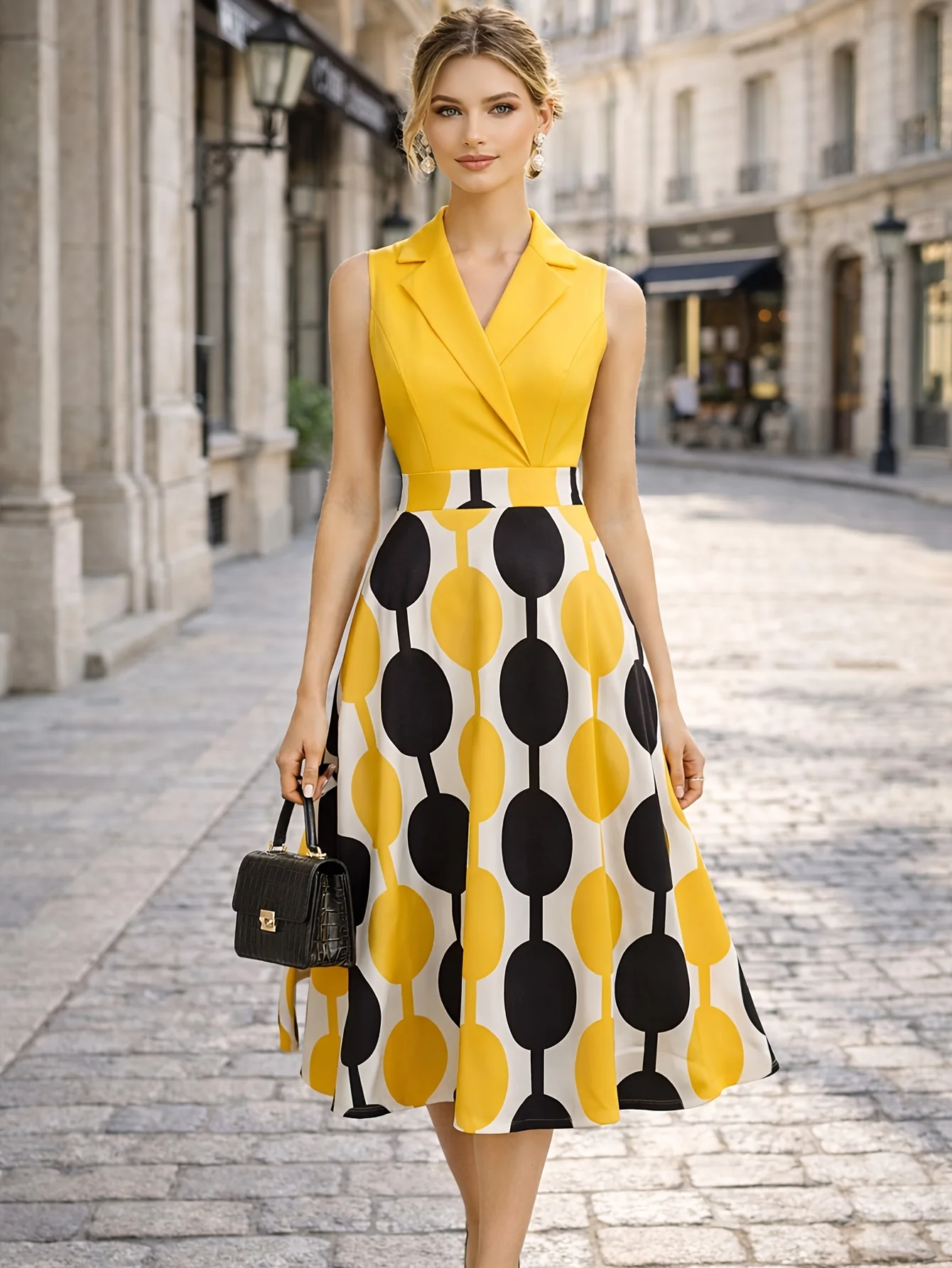 Womens Summer Sleeveless Geometry Print Notched Patchwork Elegant Yellow A-Line Casual Party Maxi Fit And Flare Swing Long Dress