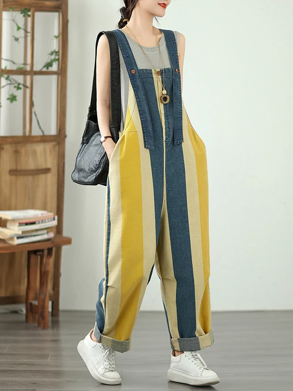 Loose Artistic Striped Color Blo Large ket Denim Overalls Women's Premium Faion Brand Summer Wearable Harajuku Sle