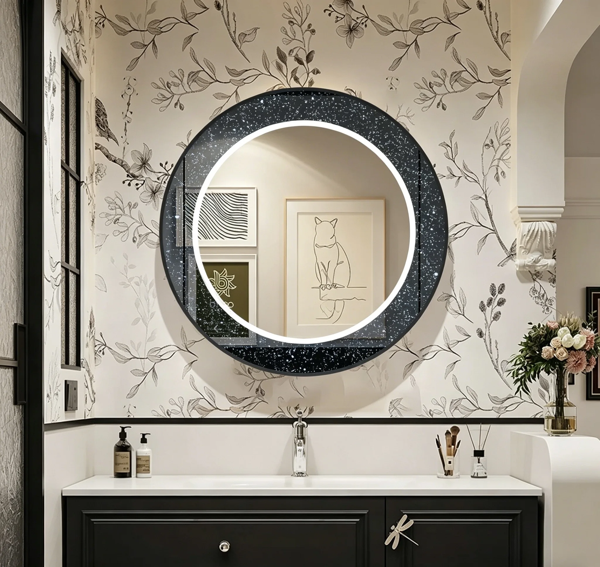 Luxury Wall Mounted Circular Gesture Operated Induction LED Bathroom Mirror, Starry Sky Mirror, Starry Atmosphere Makeup Mirror