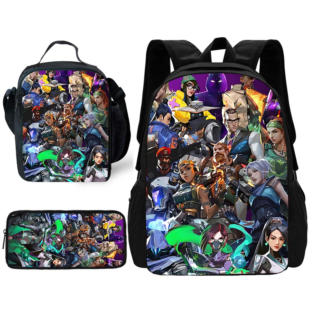 Child Valorants Game Character Art School Backpack with Lunch Bags ,Pencil Bags ,School Bags for Boys Girls Best Gift