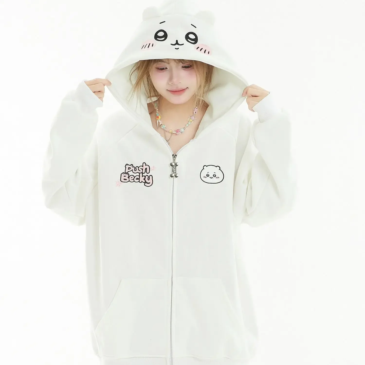 Anime Hachiware Girls Hoodie Coat Chiikawa Cartoon Autumn Cute Cotton Loose Cardigan Coat Zipper Jacket Sweet Girls Student Tops