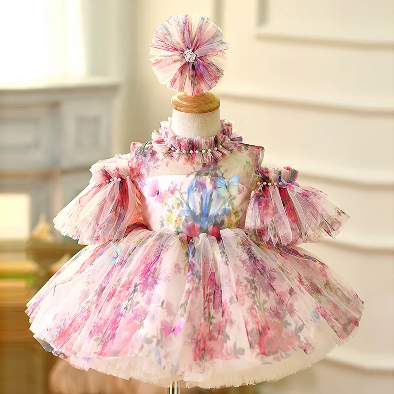 

Fluffy Luxurious Child Birthday Party Dress printed Girl Wedding Party Dress pearl Flower Girl Dress Cute Baby Dress First Gown