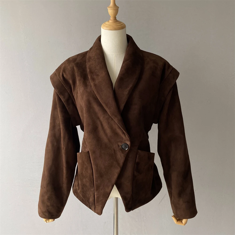 Luxyonuo Giacca in vera pelle scamosciata di lusso Autunno Cappotto blazer in vera pelle di pecora Giacca bomber oversize moda donna Nuovo arrivo