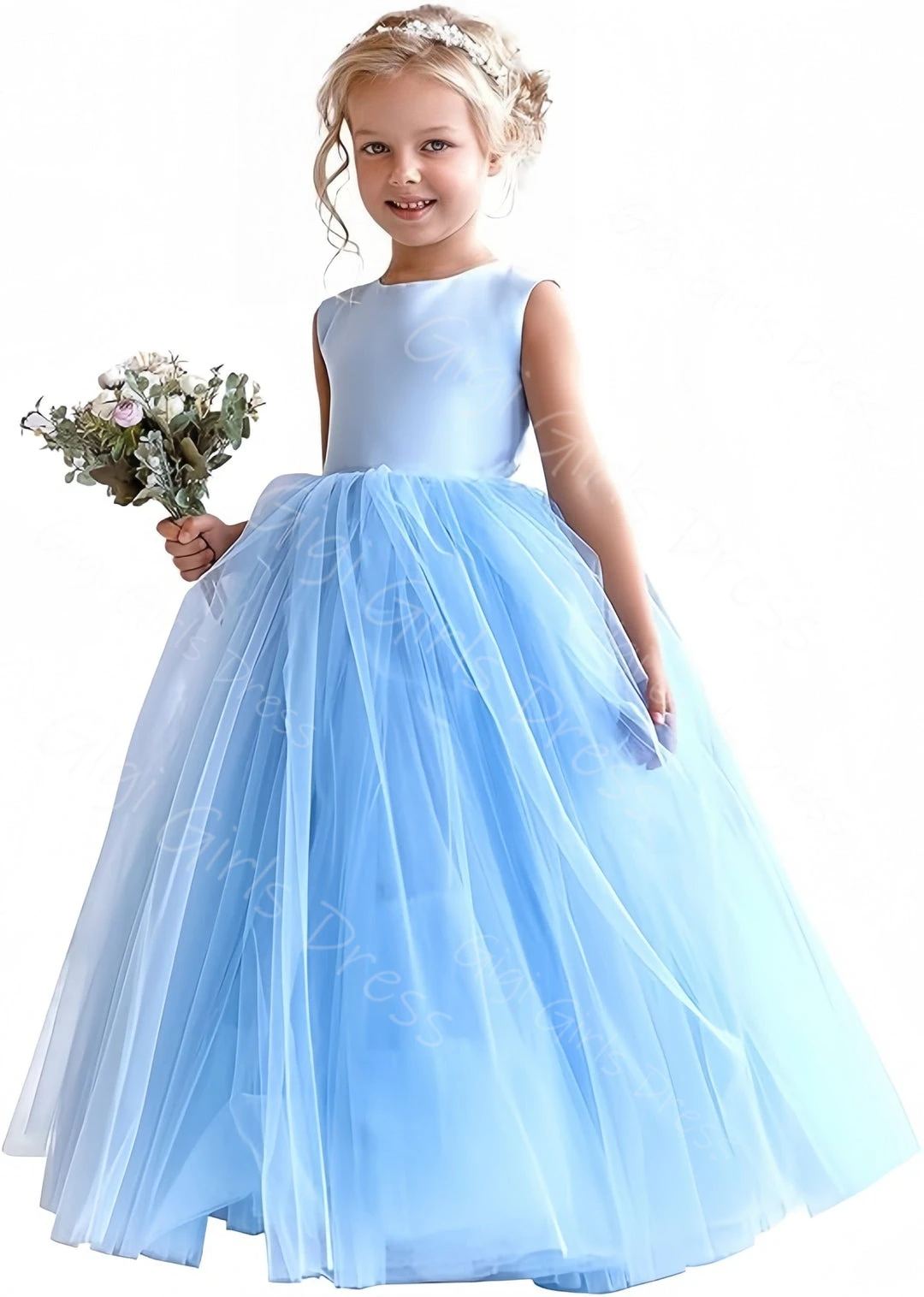 Vestido de princesa para niña con flores para boda, cuello redondo, abertura en la espalda, vestido de primera comunión, vestido de fiesta de cumpleaños de tul personalizado