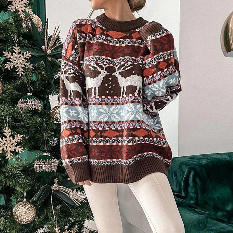 Casual O Neck Long Sleeve Pullover Sweater Women Autumn Fashion Christmas Printed Sweater Ladies Commuter Loose Sweater 2022 New