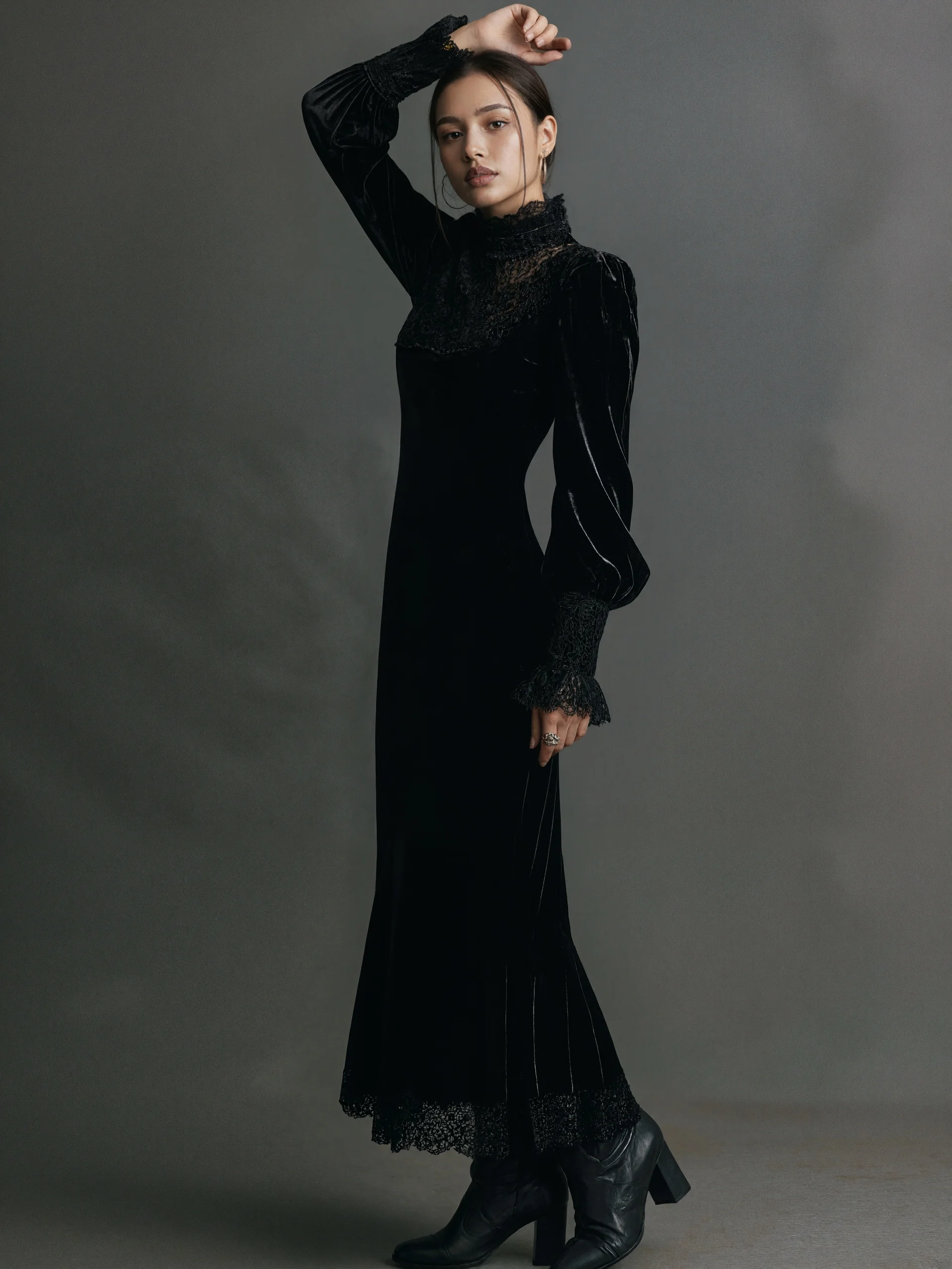 Velvet Lace Patchwork Dress for Women's Gothic Punk Puff Sleeve Lace Trim Cut Out Dress Party Vintage Autumn Long Sleeve Dress