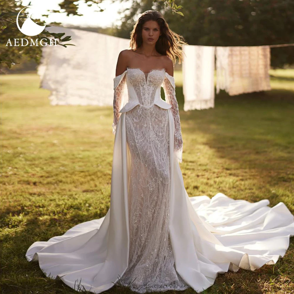 

Aedmgh Русалка Сексуальные свадебные платья Милая с открытыми плечами Vestido De Novia Кружевная вышивка Роскошные свадебные платья на заказ