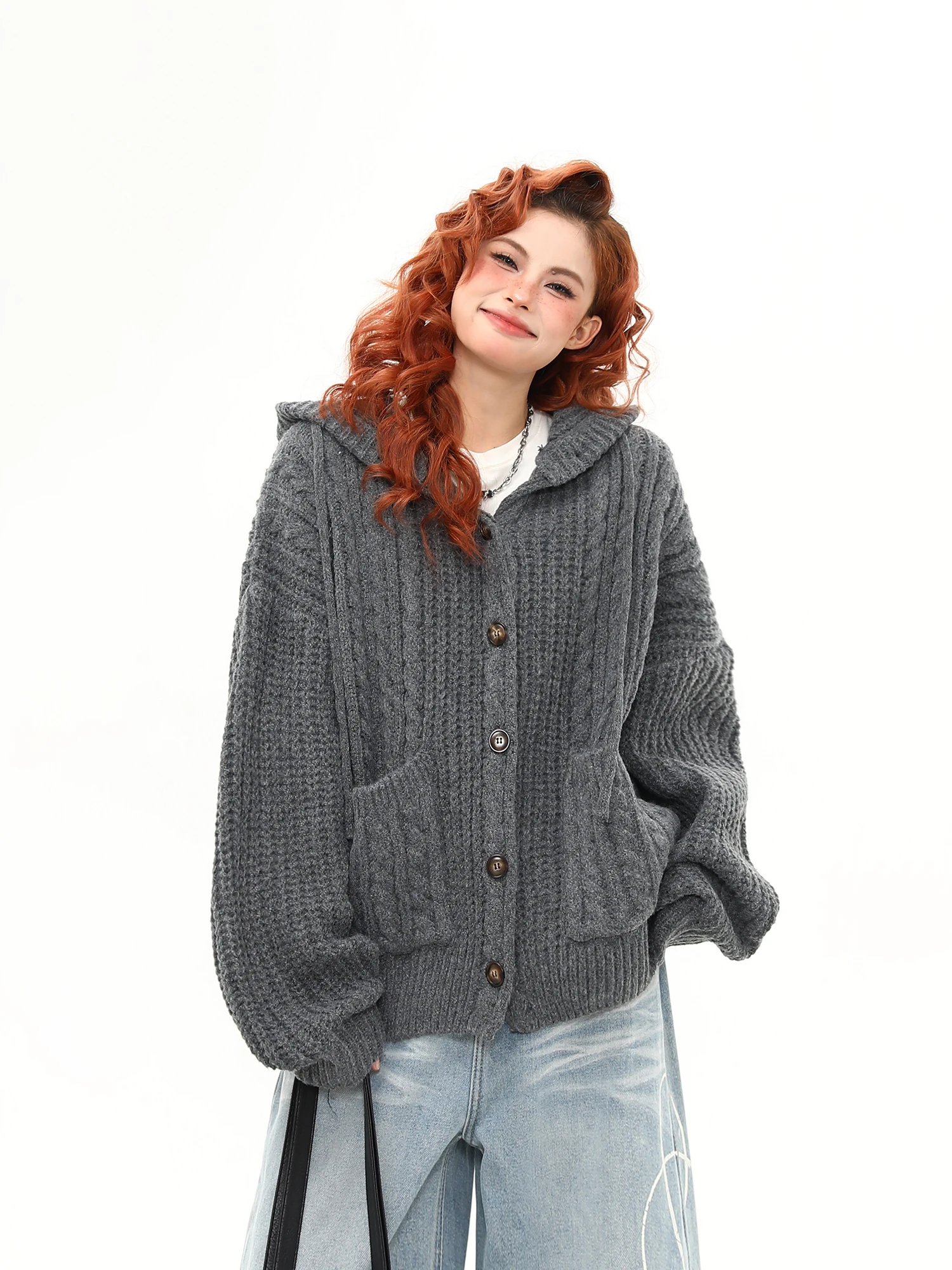 

Wild American Retro Twisted Knit Lazy Sle ey Sweater Women's Hooded Loose Autumn Winter Outerwear Comfortable Warmth