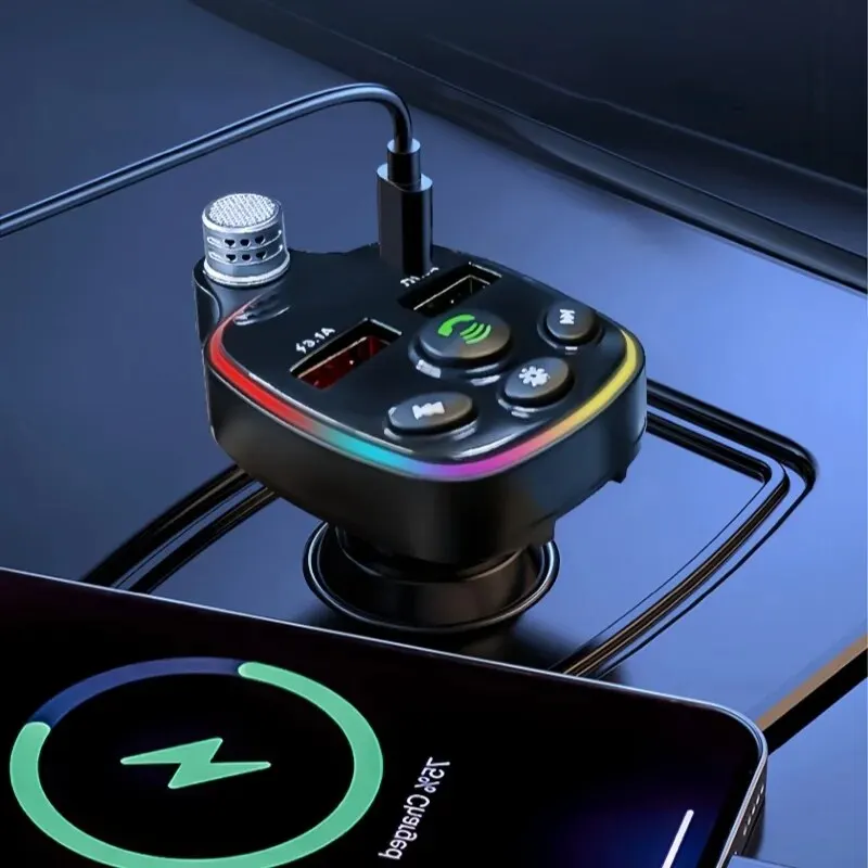 Car Bluetooth 5.0 Charger Q11 FM Transmitter Dual USB 3.1A PD 20W Colorful Ambient Light Cigarette Lighter MP3 Music Player