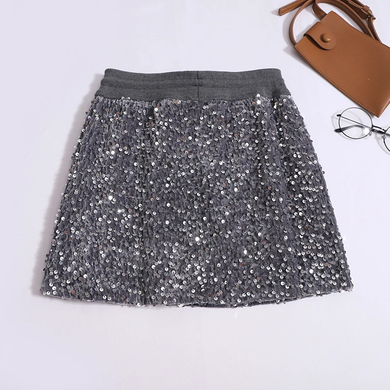 ITOOLIN Women Sexy Shiny Sequined Skirts Package Hip Bodycon Mini Skirts Drawstring High Waist Women Office A-line Mini Skirt