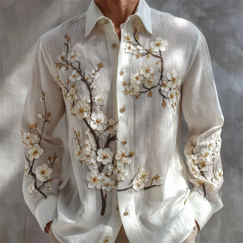 Men's Long Sleeved Casual Shirt Plum Blossom Branch Print Versatile Comfortable Vacation Party Travel Clothes