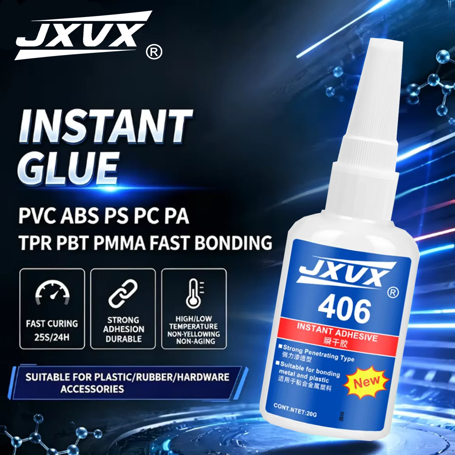 JXVX 406 Instant Strength Adhesive 1-5pcs, Strong Metal Strength Adhesive, for Plastic Ceramic Glass Wood Shoe Repair DIY.