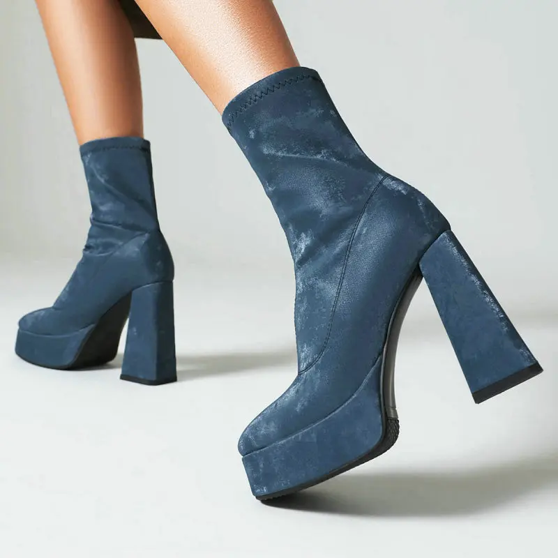 Trend Dark Blue Brown Mature Lady Winter Autumn Pumps Socks Botines Platform Block High Heels Fashion Women Ankle Stretch Boots