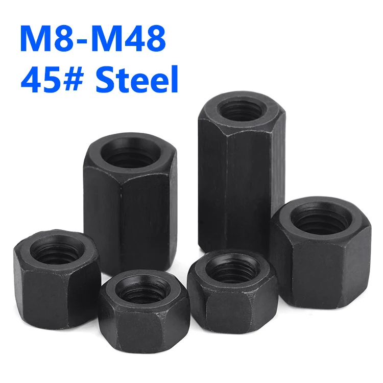 Yiqianyuan 45# Steel Black Hex Coupling Nuts M8 M10 To M48 Long Threaded Rod Connecting Nut For Machinery Construction