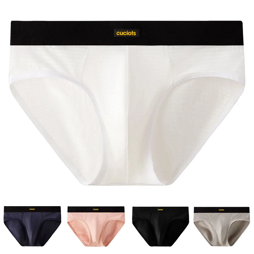 

Men Ice Silk Stripes Briefs Middle Rise Breathable Pouch Panties Underwear Comfortable Sexy Underpants