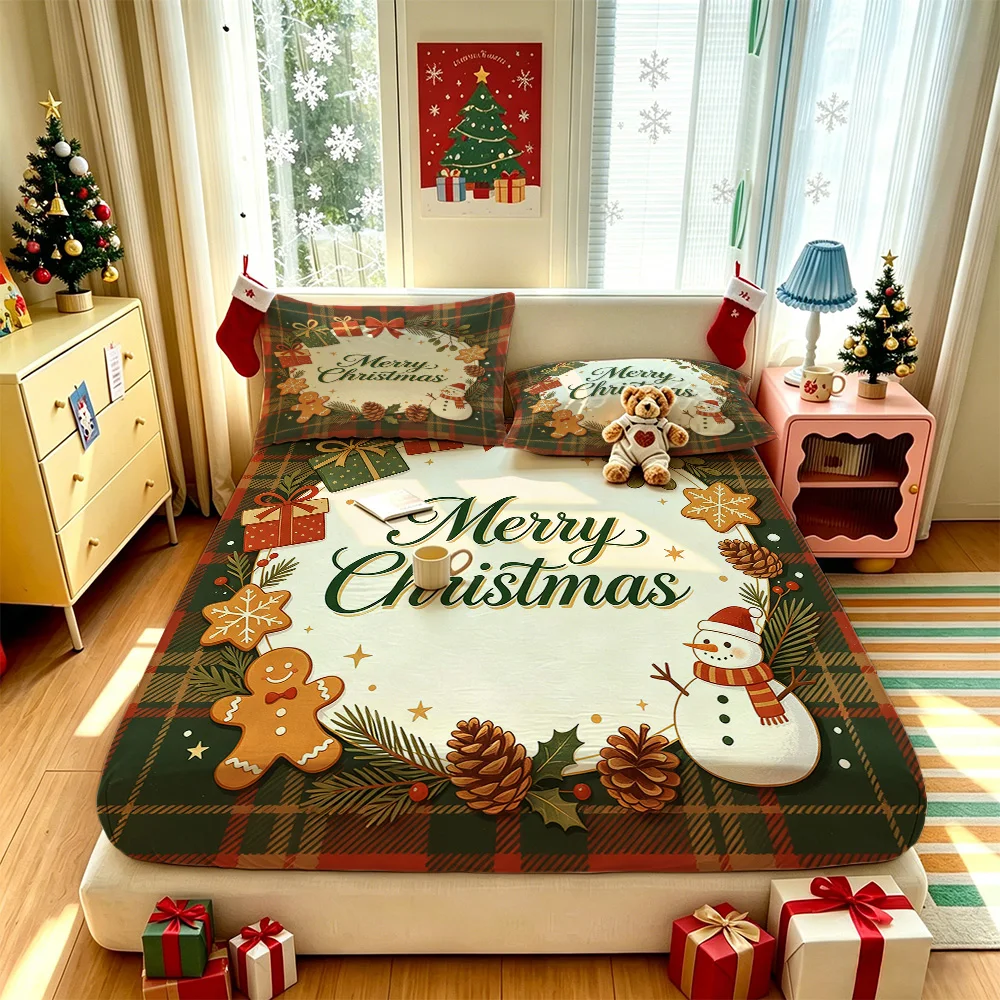 3PCS Christmas Wreath Gingerbread Snowman Gift Print Bedding Set 1 Bedspread 2 Pillowcases No Insert Soft Washable Holiday Be