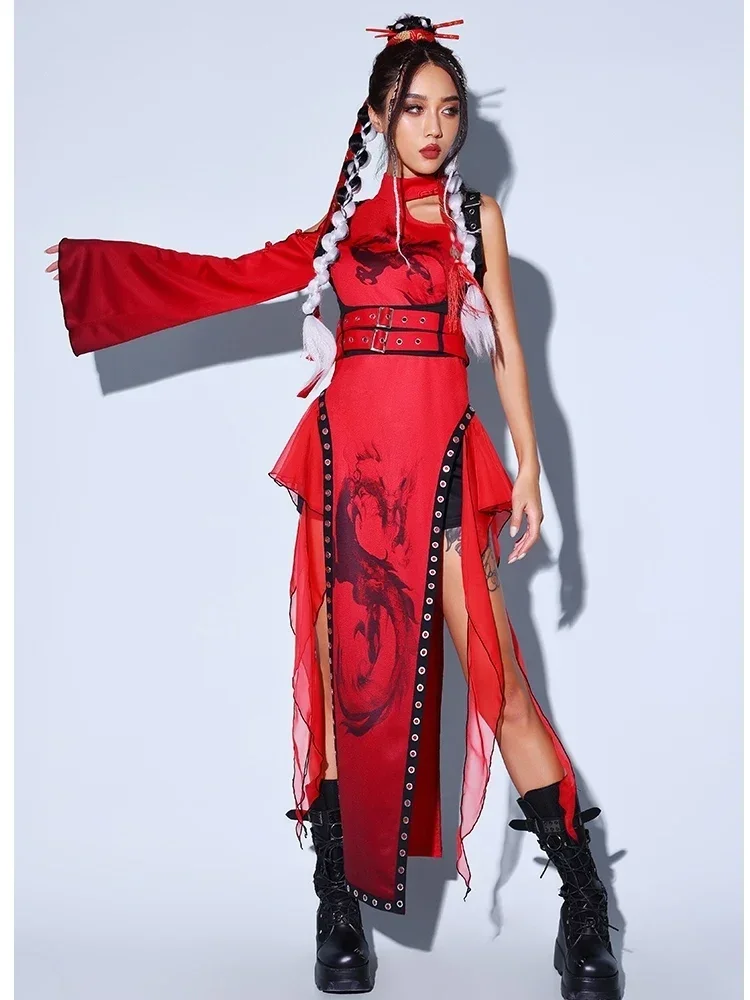 Women Jazz Dance Costumes Girls Group Gogo Dancers Performance Hip Hop Stage Wear Chinese Style Red Loose Outfits