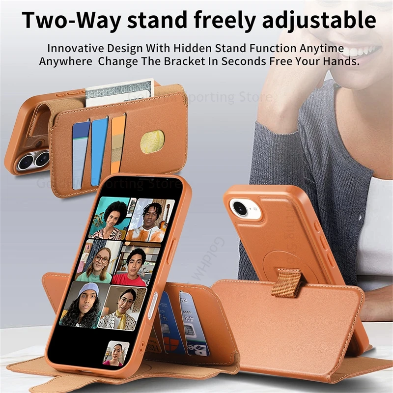 Split Wallet Leather Phone Case For iPhone 16e 15 Pro Max Card Holder Magsafe Ring Book Stand Cover For Apple16 14 13 12 Pro Max
