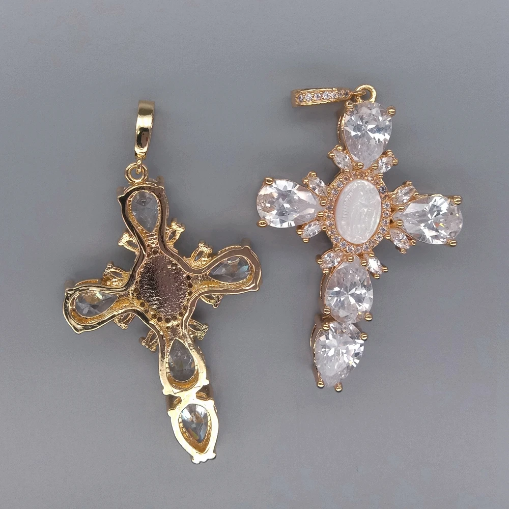 5 PCs 30x42mm white  crystal Pave White Shell Virgin Mary Crucifix gold plated Pendant