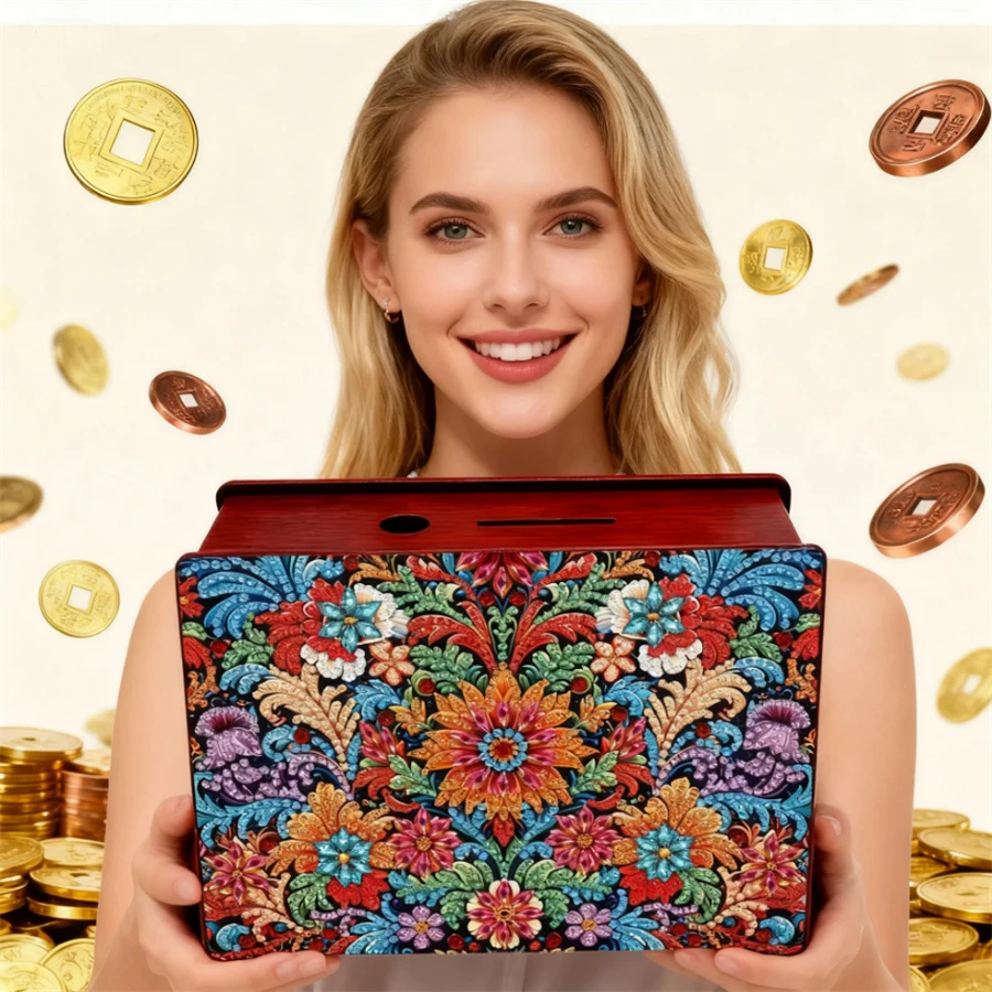 

Flowers Rhinestones Desktop Ornaments DIY Money Storage Box Diamond Art Decors Diamond Painting Change Holder Case Decors