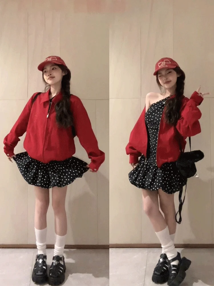 

Корейская женская куртка в стиле кэжуал, красная, осенне-зимняя, винтажная, свободного кроя, универсальная, с длинными рукавами, воротником и застежкой-молнией