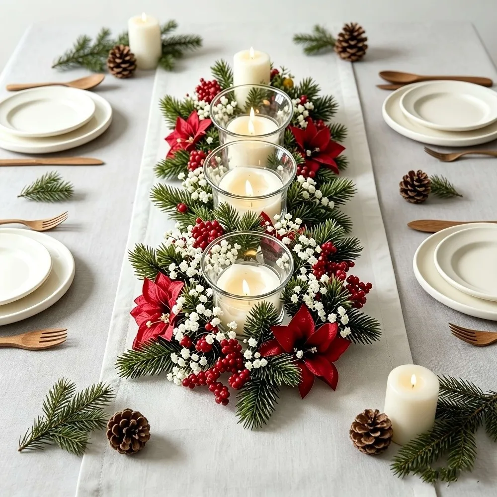 Red Berry Christmas Wreath Candlestick Flower Pine Needle Artificial Wreath Candle Rings Home Ornaments Pinecone