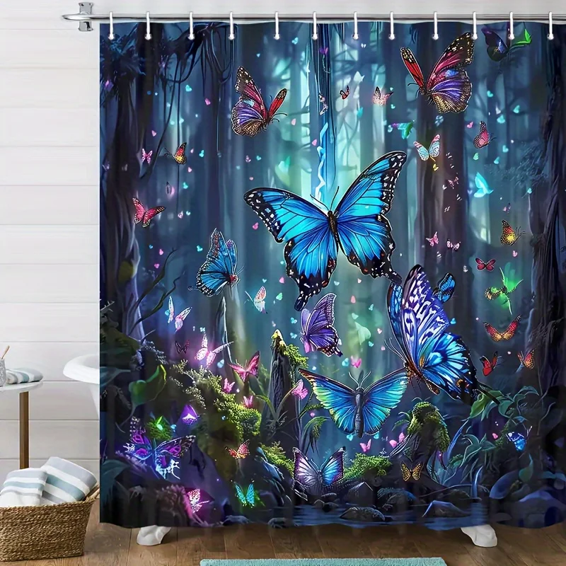 Magical Forest Butterfly Shower Curtain, Dark Wood Blue Glowing Insect Print Waterproof Bath Curtain for Fantasy Bathroom Decor