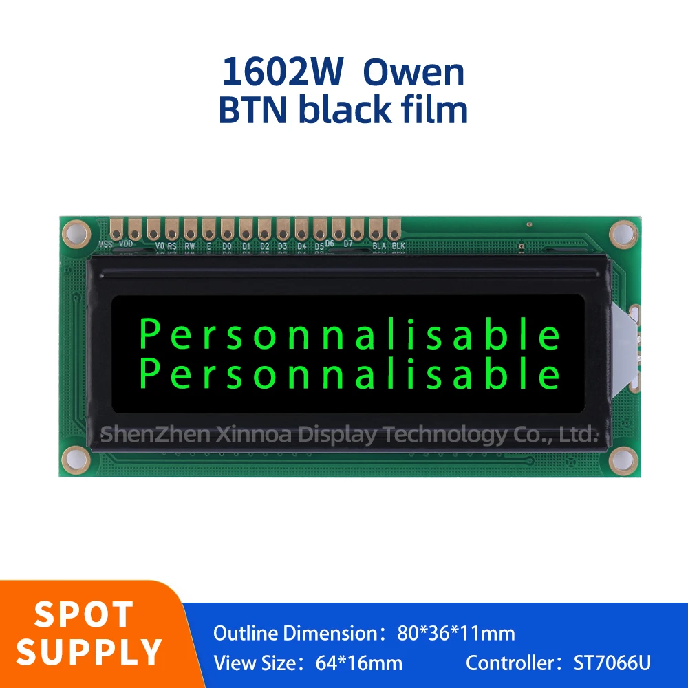 Full View Multi Character Library 1602W LCD European Character Display BTN Black Film Green Text 64 * 16MM Large Window