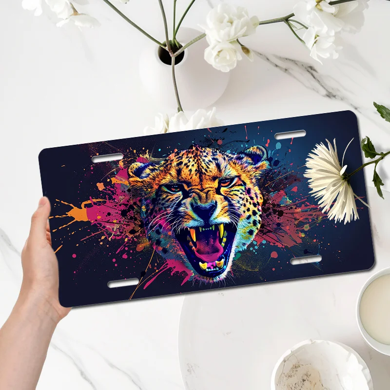 1pc 6x12 Inch (15.2x30.5 Cm) Aluminum Car License Plate - Vibrant Graffiti-Style Angry Cheetah Design, Colorful Splashes, Front