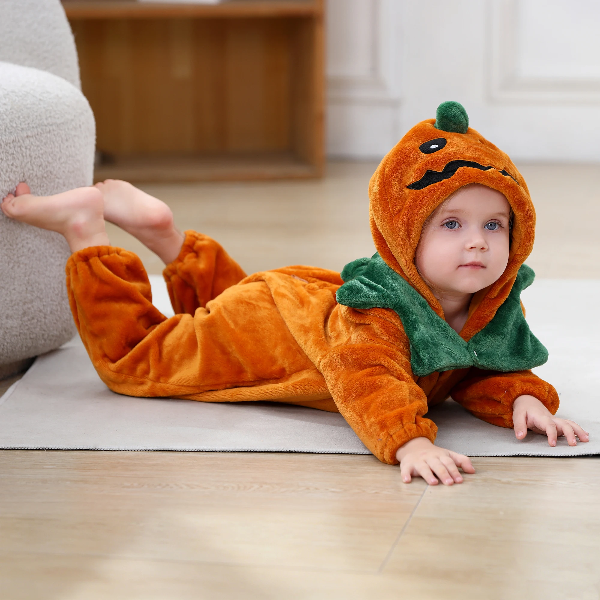 MICHLEY Halloween Kürbis Baby Cartoon Strampler Winter Neugeborenen Kapuzenkleidung Jungen Mädchen Schlafanzug Einteiler Jumpsuit für Jungen Mädchen – Detail 9