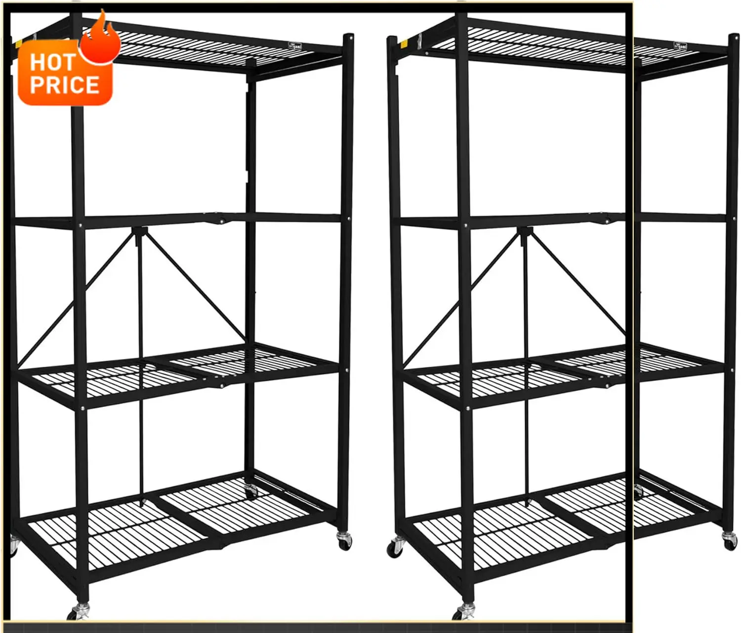 

Bestseller2 Pack 4 Tier Foldable Metal Garage Storage Shelf Rack, Wheels & Powder Coated Steel, Black