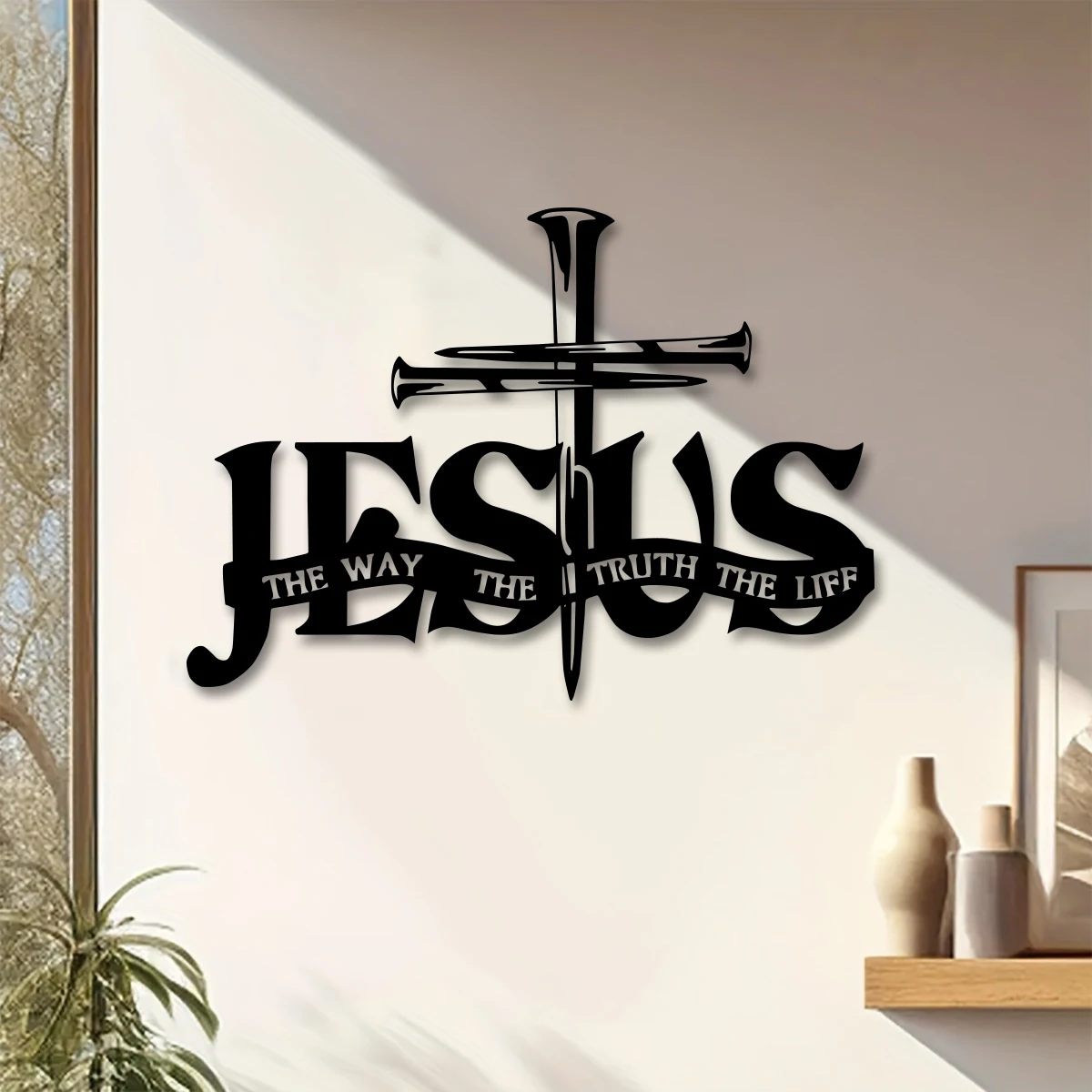 Jesus Metal Wall Decor - Elegant Black Cross with Praying Hands & JESUS Lettering - Christian Church, Home, Office Decoration