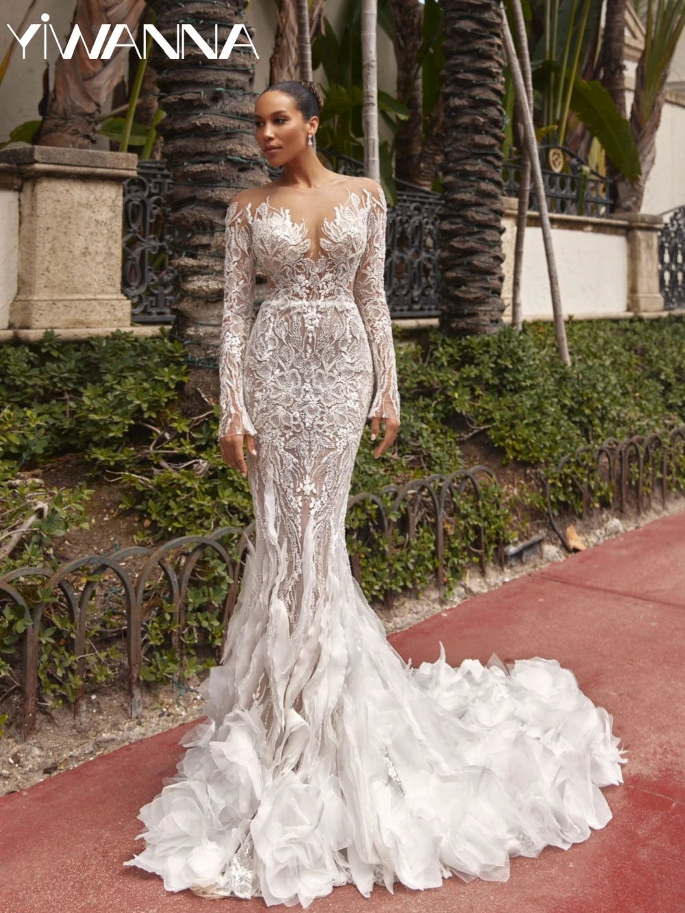 

Pleated Luxurious Beaded Mermaid Wedding Dress Modest Oneck Long Sleeve Bridal Gown Customized Shiny Dreamy Dresses For Bride