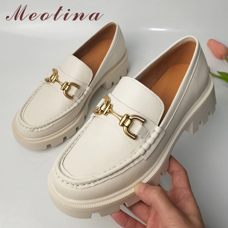 

Meotina Women Genuine Leather Loafers Round Toe Flats Metal Decoration Ladies Fashion Casual Shoes Spring Autumn Black Beige 41