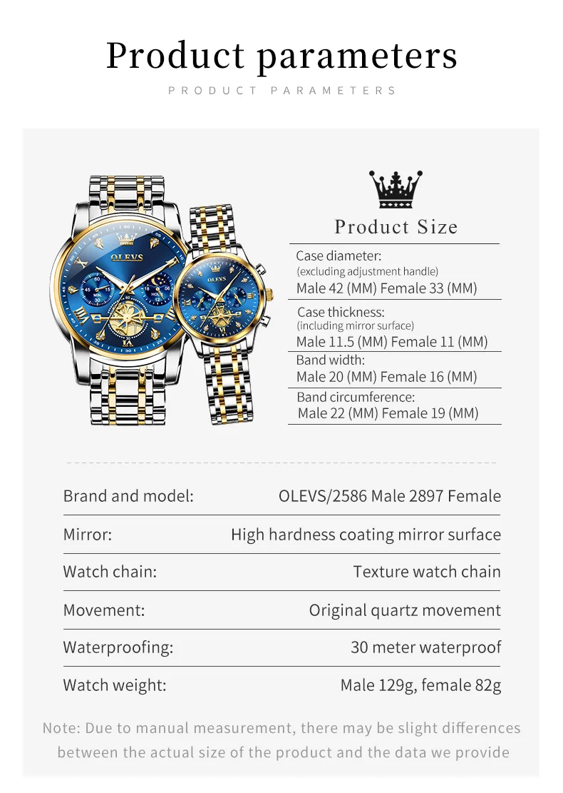 OLEVS Quartz Couple Watch Luxury Brand Waterproof Lunar Phase Timing Code Watch Elegant and Romantic Lover His Her Couple Watch