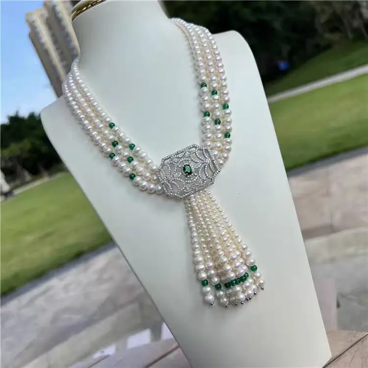 Jewelry 20'' 3 Strands Cultured White Pearl Green agate Necklace White Pearl Cz Pendant